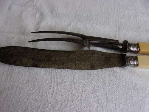 Antique bone handle carving knife & fork with Sterling silver collars