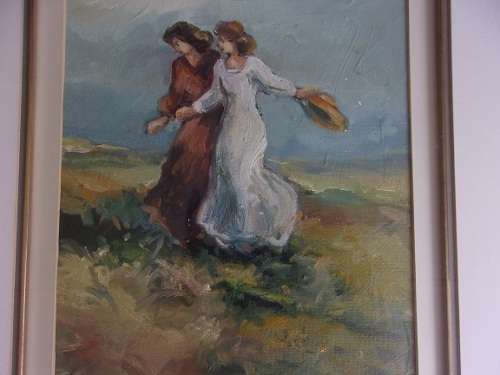 Lovely framed original oil on canvas painting by Este Mostert - 2 ladies in a field