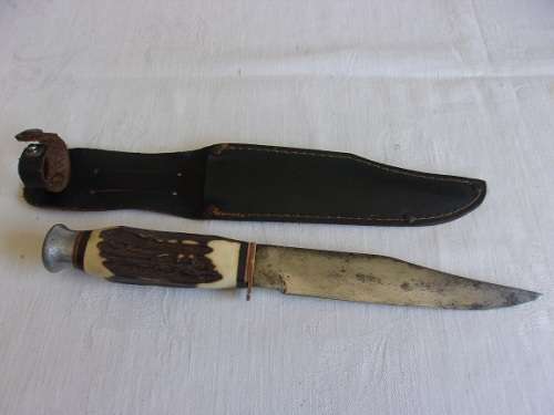 Vintage stag horn handled Original Bowie knife in leather sheath