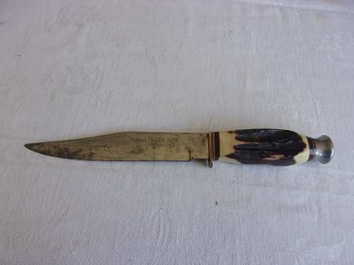 Vintage stag horn handled Original Bowie knife in leather sheath