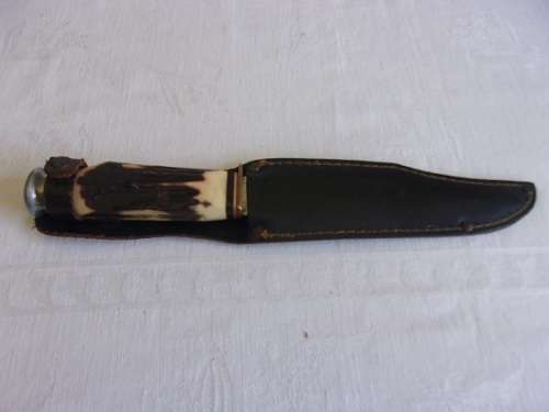 Vintage stag horn handled Original Bowie knife in leather sheath