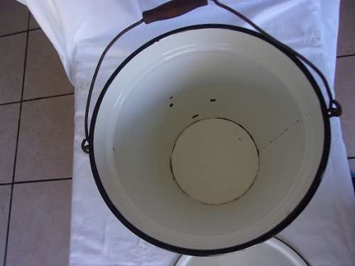 Vintage enamel slop bucket with lid
