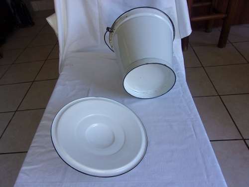 Vintage enamel slop bucket with lid