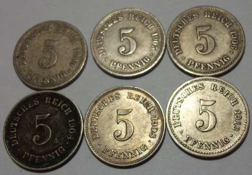 6 x Wilhelm I German 5 Pfennig coins - bid per coin to take all