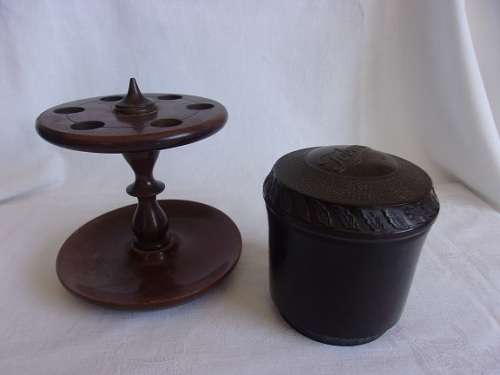 Vintage bakelite tobacco jar and wooden 6 pipe stand for 1 bid