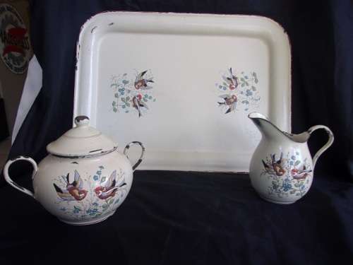 Vintage enamel milk & lidded sugar on matching tray