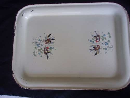 Vintage enamel milk & lidded sugar on matching tray
