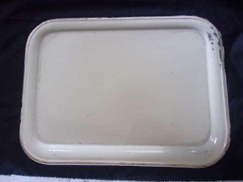 Vintage enamel milk & lidded sugar on matching tray