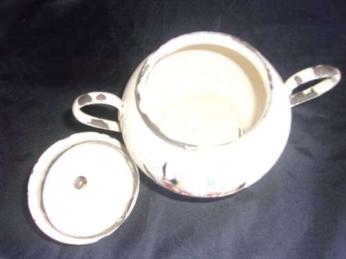 Vintage enamel milk & lidded sugar on matching tray