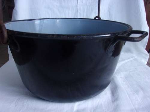 Large vintage enamel jam/ preserve pot with iron handle