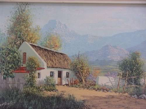 Original framed oil on canvas signed by Reg. A Grattan - "Moms Cottage"