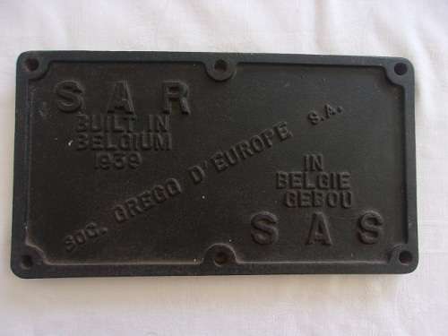 Genuine vintage SAR train builders plate `Built in Belgium 1939`