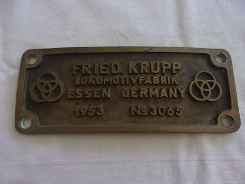Vintage Fried Krupp Lokomotivfabrik locomotive builders plate