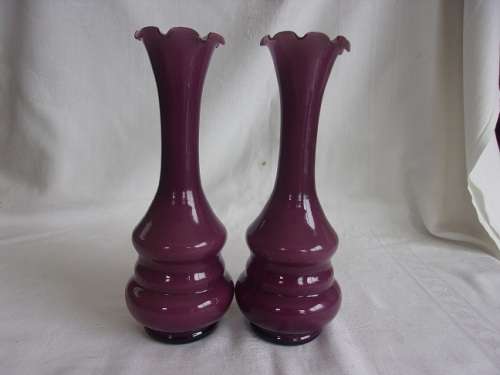 Pair of vintage hand blown opaline amethyst/ milk glass vases
