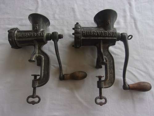 Vintage Husqvarna No. 8 and No. 5 meat mincers for 1 bid