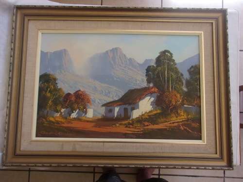 Lovely framed oil on board painting signed Andre Grobler - Farmhouse landscape
