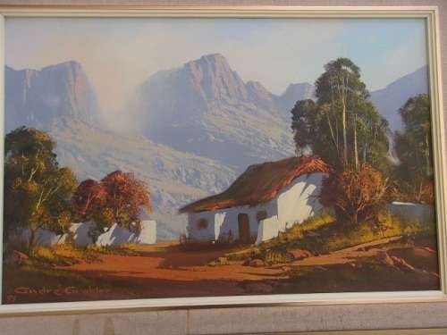 Lovely framed oil on board painting signed Andre Grobler - Farmhouse landscape