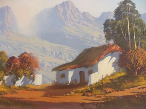 Lovely framed oil on board painting signed Andre Grobler - Farmhouse landscape