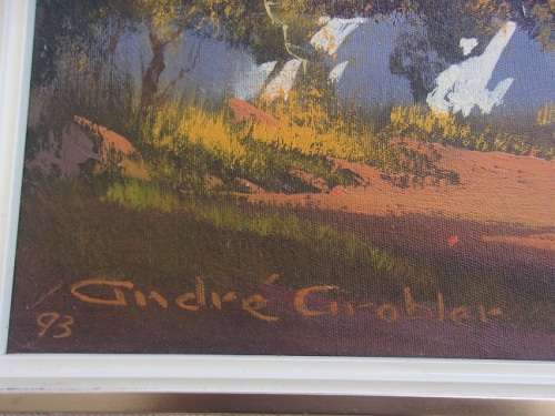 Lovely framed oil on board painting signed Andre Grobler - Farmhouse landscape