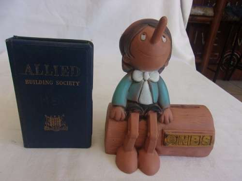 Vintage NBS Pinocchio & Allied Building Society money boxes for 1 bid