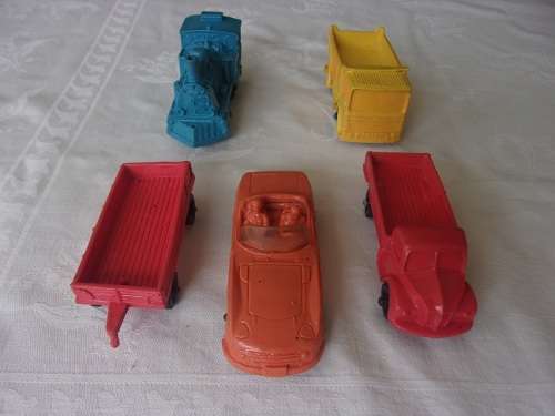 5 Vintage Tomte Laerdal vinyl/ plastic toy cars/wagon/train for 1 bid