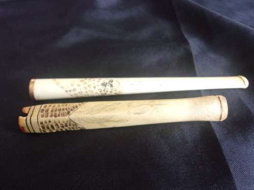 2 Antique bone cigarette holders - 1 with K14 band
