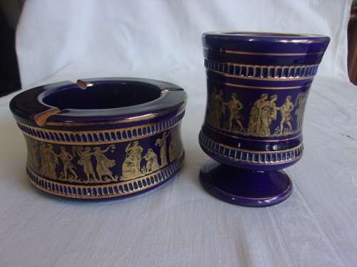 Vintage Spyropoulos cobalt blue ashtray & vase with 24K gold trim