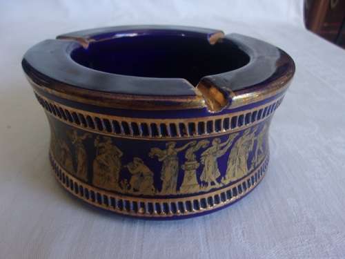 Vintage Spyropoulos cobalt blue ashtray & vase with 24K gold trim