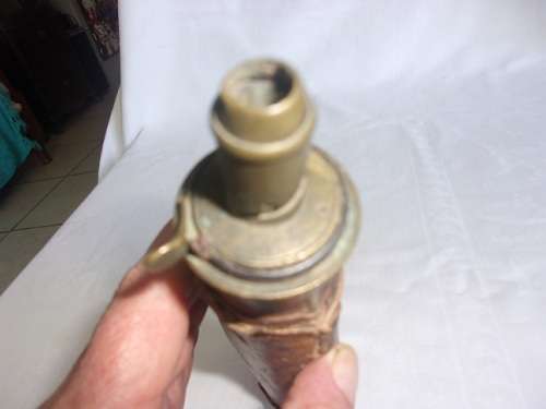 Antique leather and brass Bartram & Co Nimrod black powder flask