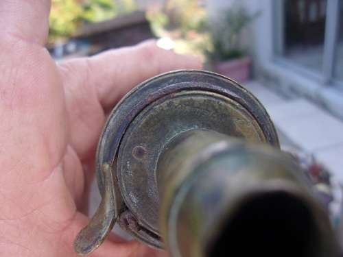 Antique leather and brass Bartram & Co Nimrod black powder flask