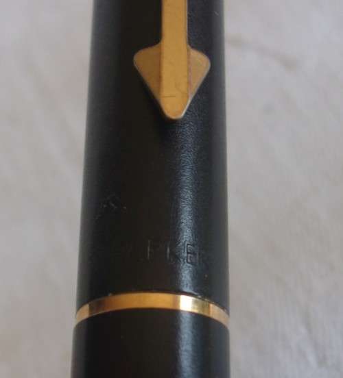 Vintage Parker Arrow black fountain, rollerball pen & pencil set with gold plated trim