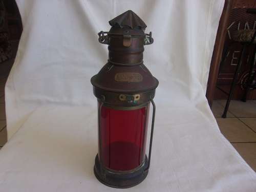 Vintage copper & brass Tung Woo ship anchor lantern with red glass