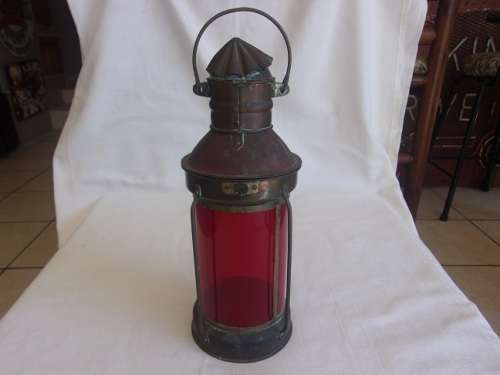 Vintage copper & brass Tung Woo ship anchor lantern with red glass