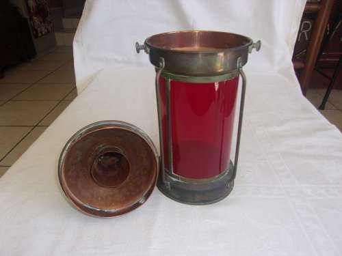 Vintage copper & brass Tung Woo ship anchor lantern with red glass