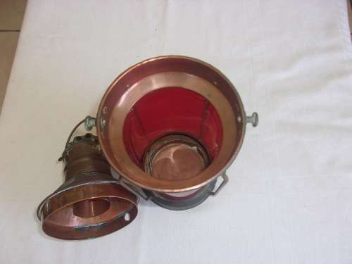 Vintage copper & brass Tung Woo ship anchor lantern with red glass