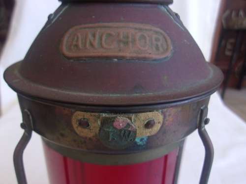 Vintage copper & brass Tung Woo ship anchor lantern with red glass