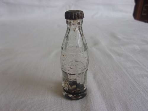 Vintage miniature yellow Coca-Cola crate with 24 glass miniature Coca-Cola bottles