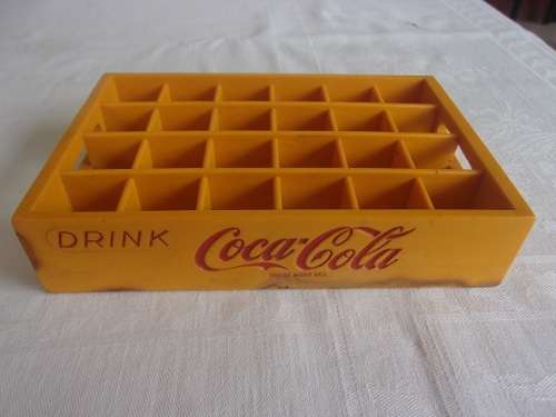 Vintage miniature yellow Coca-Cola crate with 24 glass miniature Coca-Cola bottles