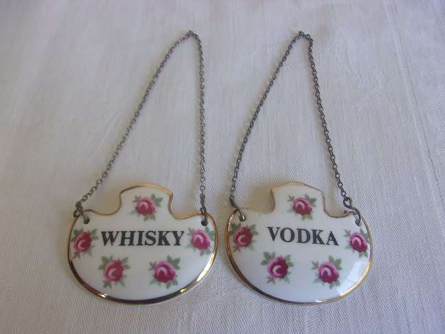 2 Vintage porcelain Royal Adderley & 3 Halcyon Days Enamel decanter labels for 1 bid