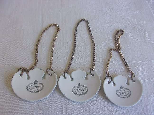 2 Vintage porcelain Royal Adderley & 3 Halcyon Days Enamel decanter labels for 1 bid