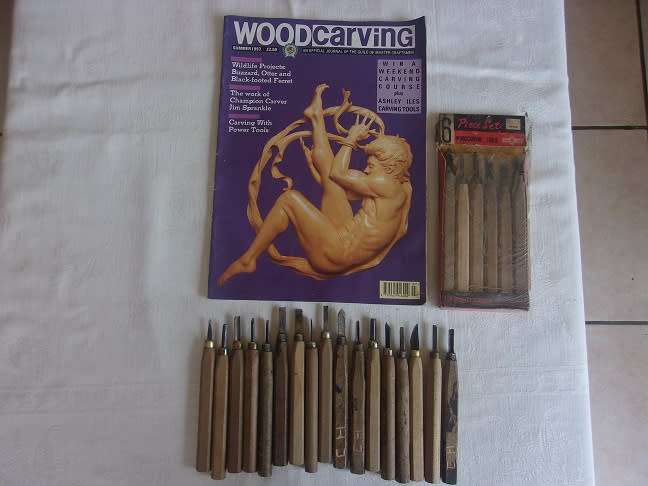 Large lot of 23 wood carving chisels & a Wood Carving Journal for 1 bid