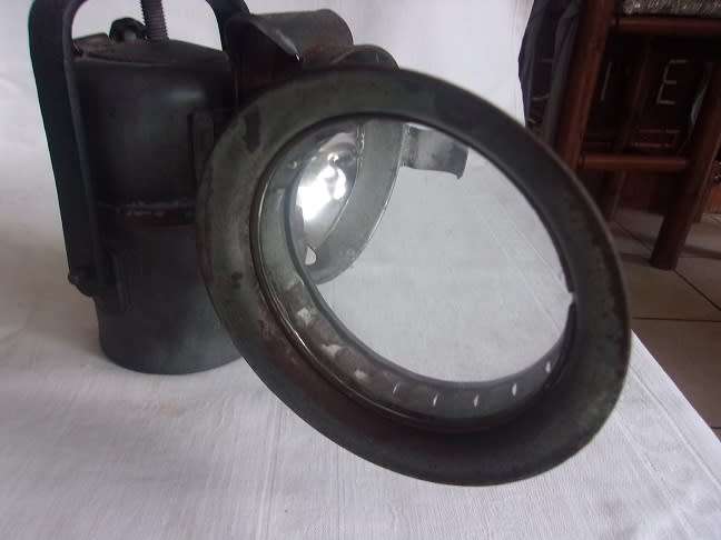 Vintage carbide lamp with reflector and brass trim