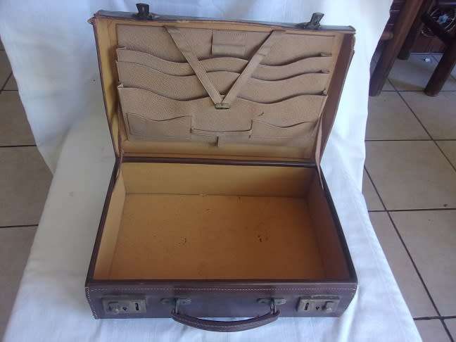 Small vintage leather attache case with brass latches
