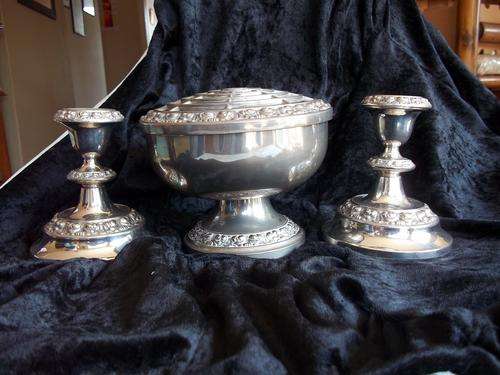 Lot of matching 2 old candle holders and centre piece vase - Iathe made in England