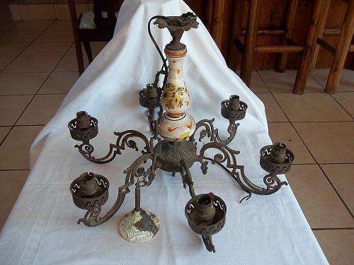 Vintage 6 arm brass chandelier with porcelain centre
