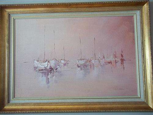 Marita Meyer (SA 20th C) original oil, Moored Boats, Signed & Dated '85