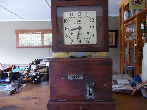 Vintage Blick Time Recorders Ltd clocking machine in teak casing - collection only