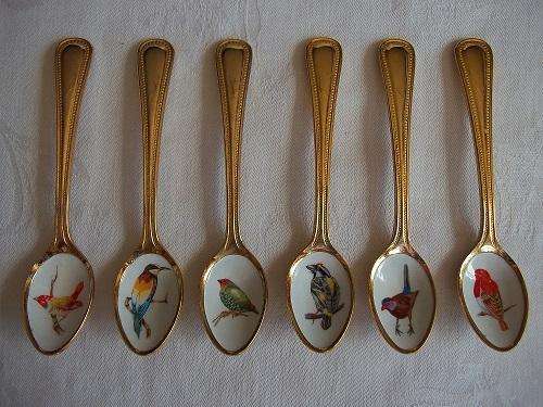 6 lovely 24K gold plated teaspoons with enamel bird designs