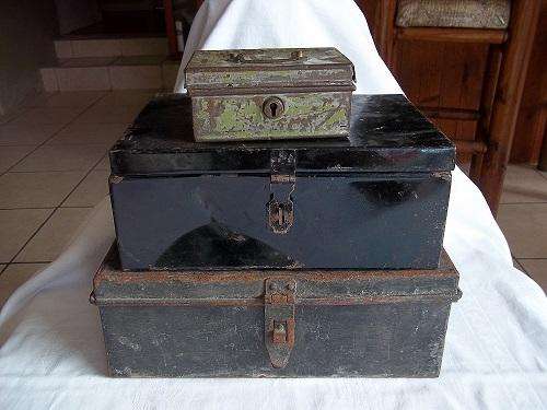 3 lovely old enameled metal cash boxes for 1 bid!!!