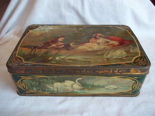 Rare antique Mazawattee Tea tin - man serenading 2 ladies on boat